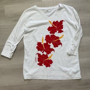 Marushka Womens Three Quarter Long Sleeve Hibiscus Screen Printed Tee Large